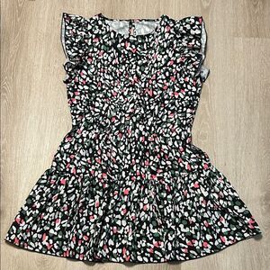 Multicolored Patterned Ruffle Sleeve and Hem Dress